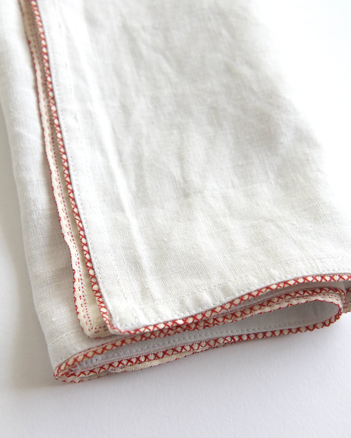 Vintage Linen Napkin with Red Trim