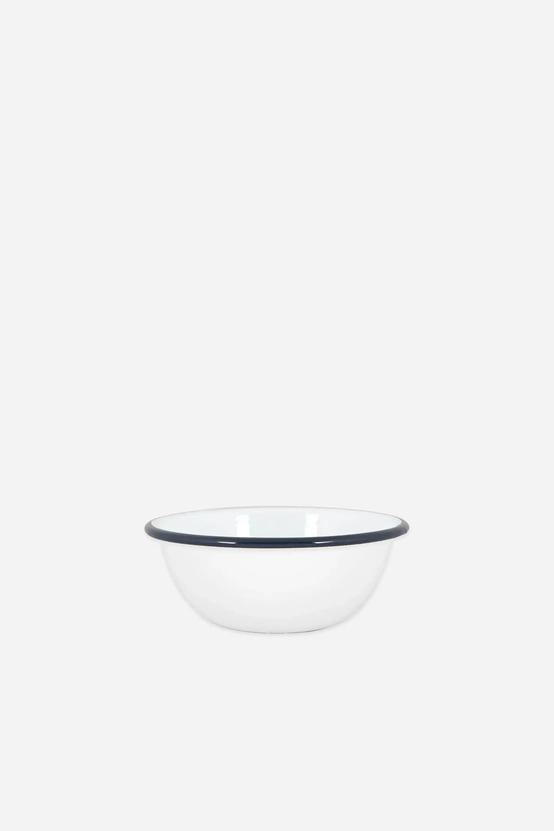 white enamel bowl with navy blue rim