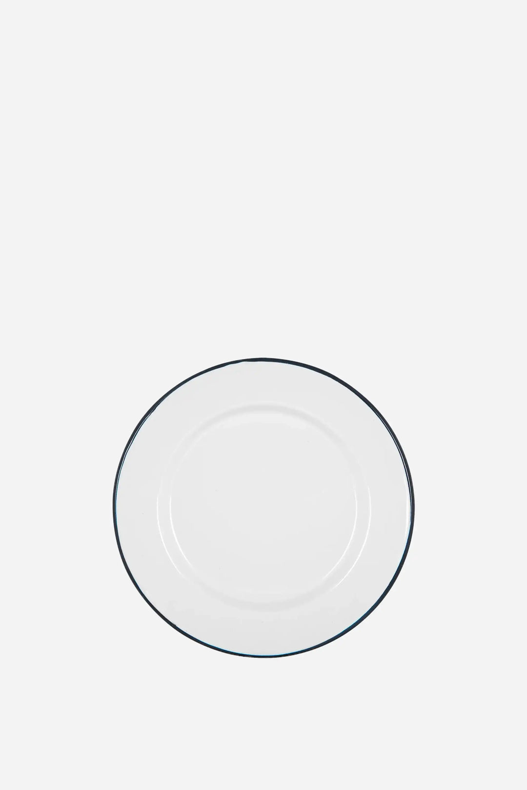 white enamel dinner plate with blue rim