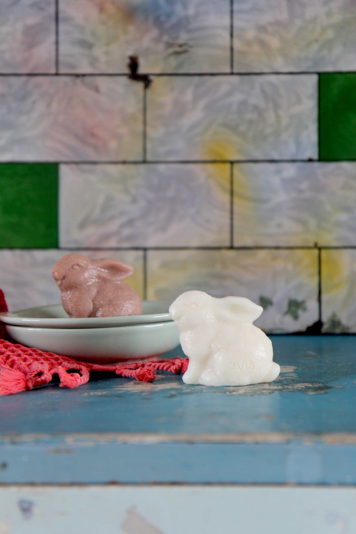 white and brown bunny shaped soap