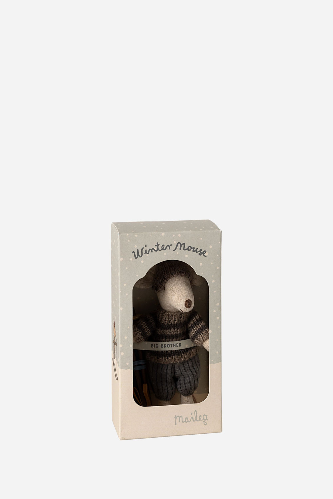 Stuffed mouse toy in a cardboard box with 'Winter Mouse' text on a white background