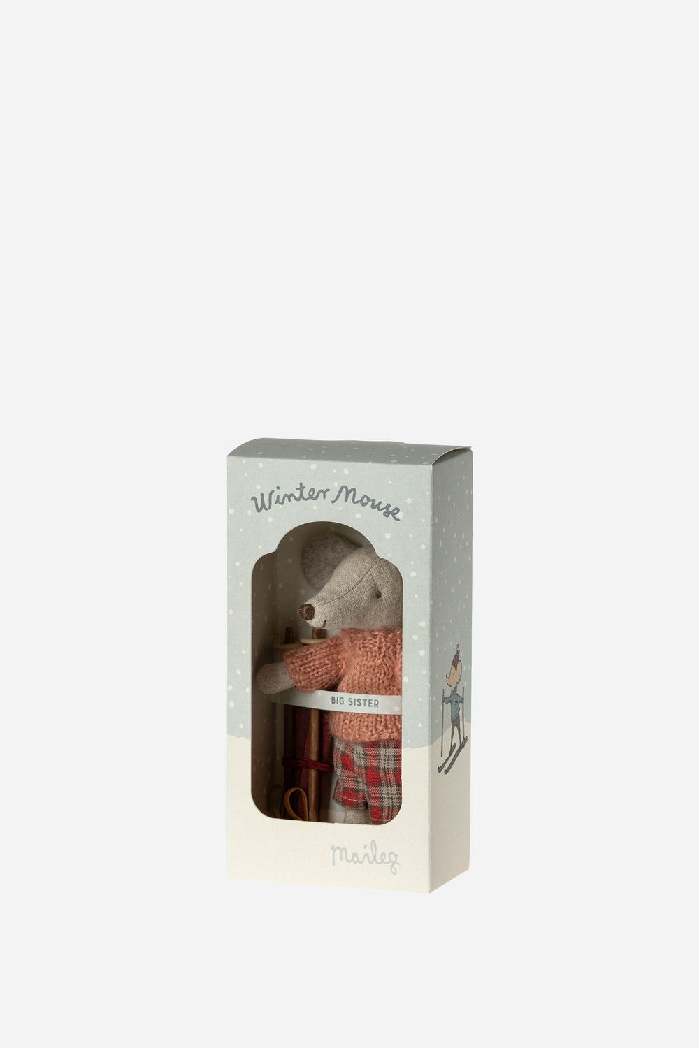 Small bear figurine in a plaid outfit inside a gift box with 'Winter Mouse' text on a white background.