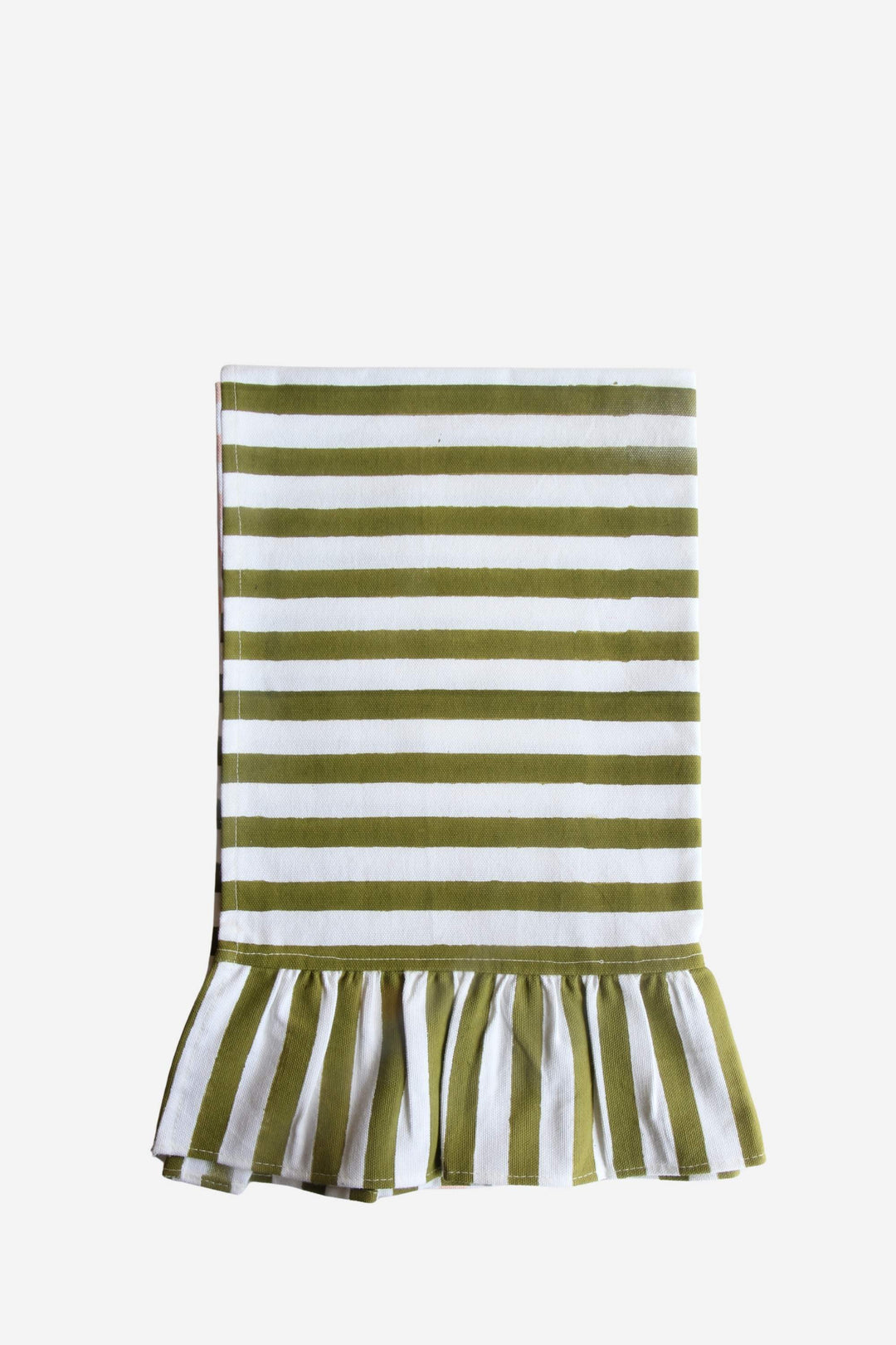 Green and white striped dress with ruffle hem on a white background