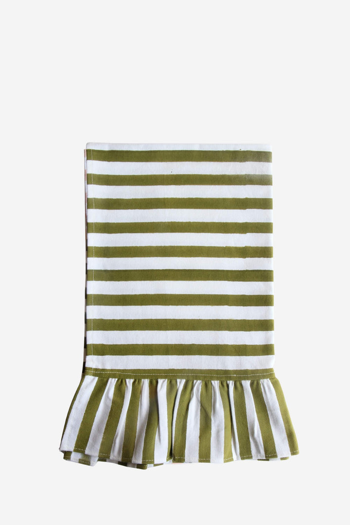 Green and white striped dress with ruffle hem on a white background