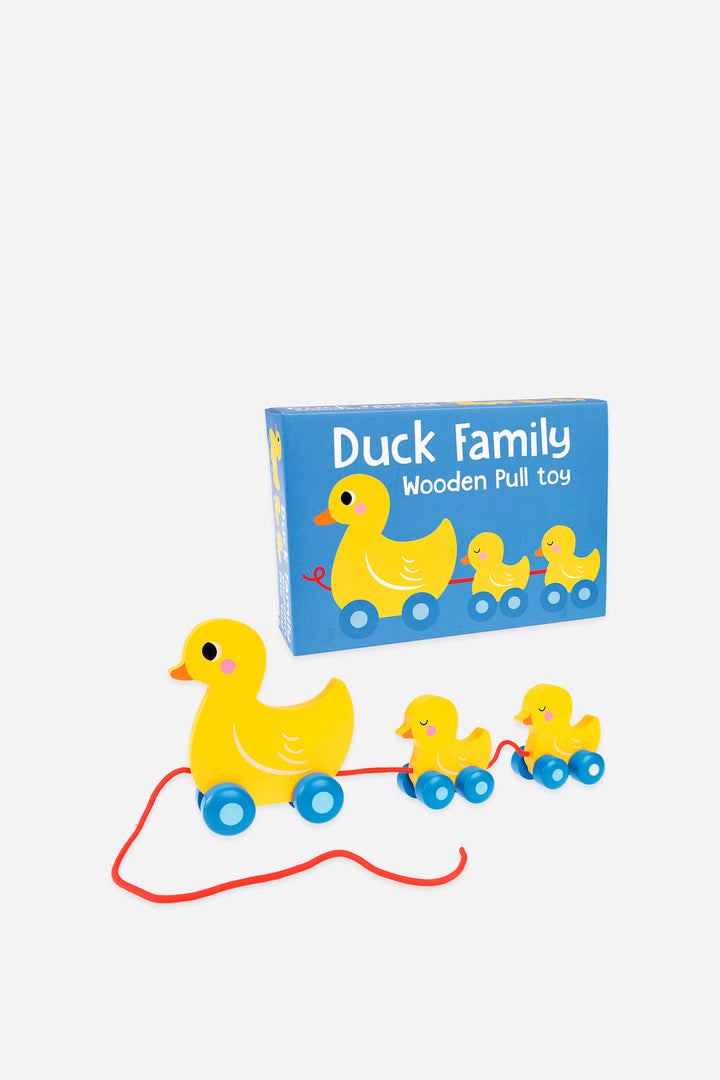 Wooden pull toy with ducks and its packaging on a white background