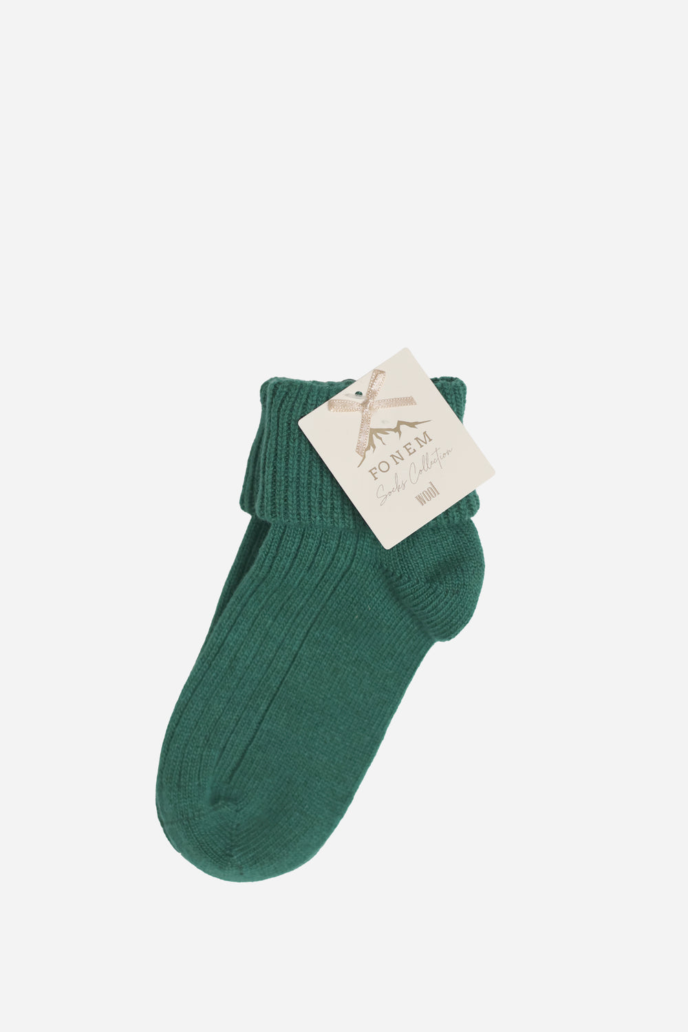 A single dark green ribbed knit sock with a white paper brand tag attached, displayed on a clean, light off-white background.