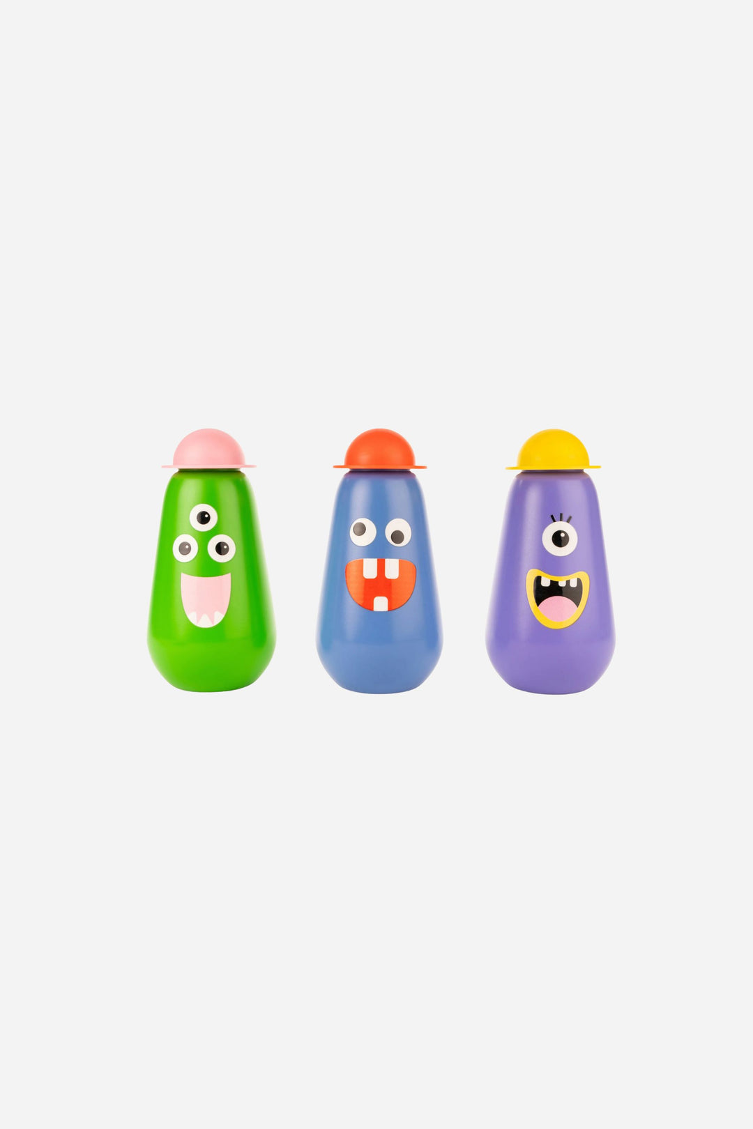 Three colorful bottles with cartoon face designs on a white background