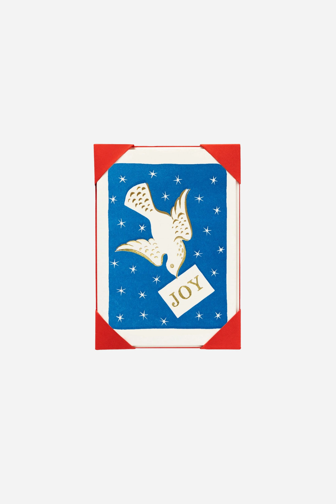 Decorative card with an eagle and 'JOY' text on a blue background with white stars, framed by a red border.