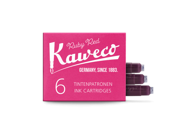 Pack of 6 Kaweco ink cartridges in Ruby Red color, with branding and text on a pink background.