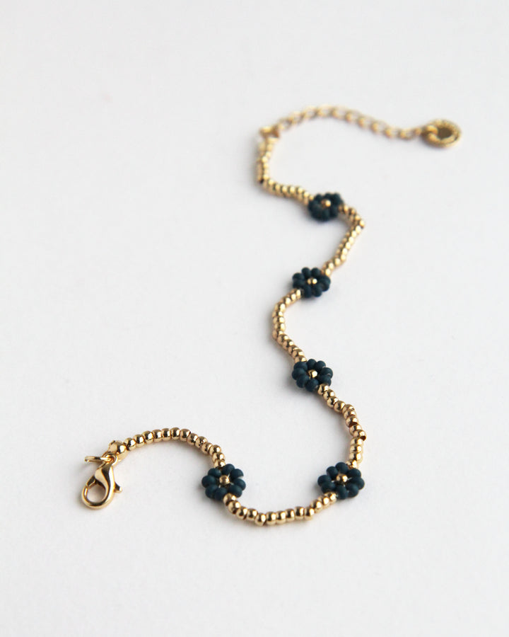 Tiny Daisy Beaded Bracelet / Gold & Navy