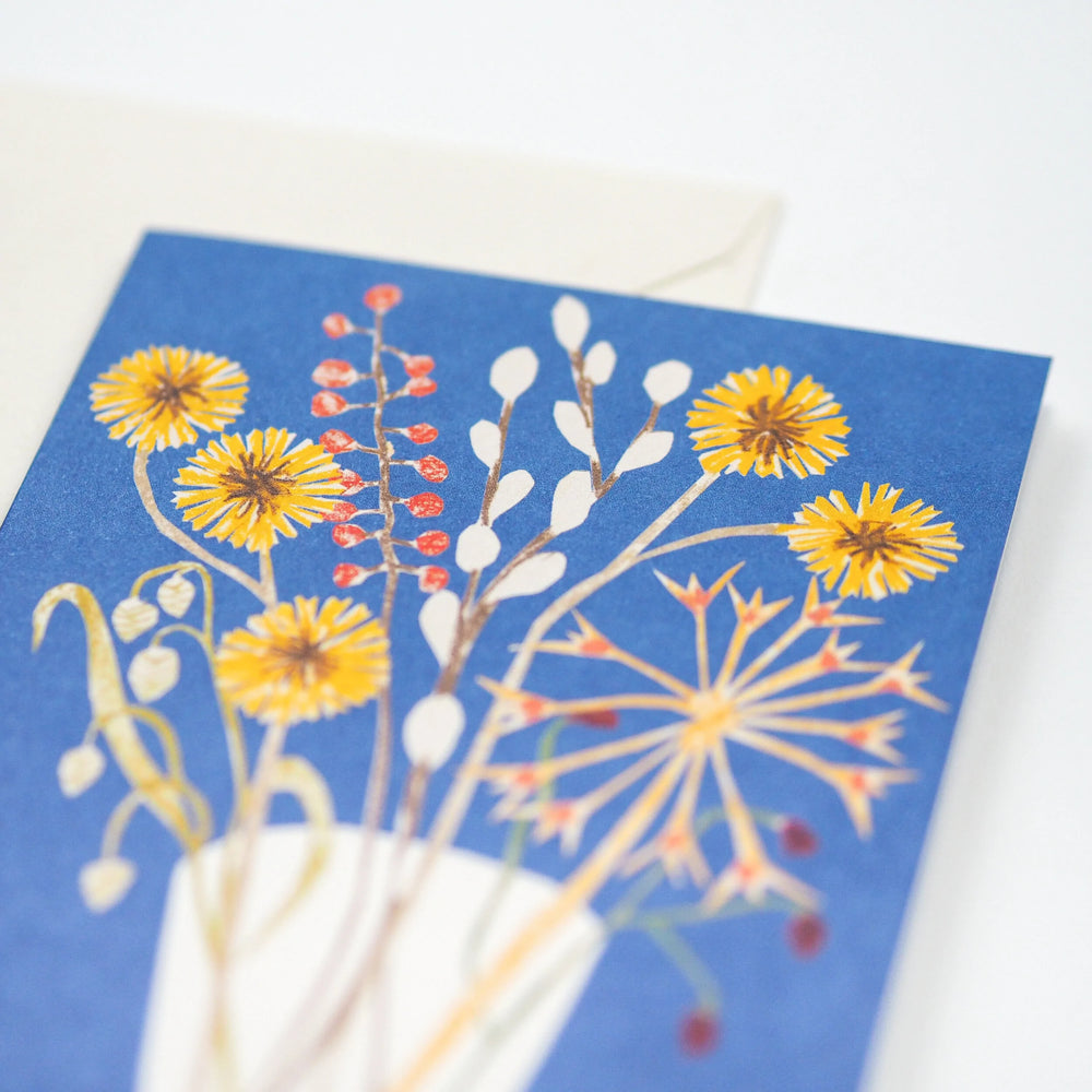 hadley paper goods blue greeting card with vase of flowers