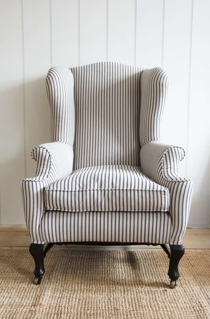 Antique Wingback Armchair in Ticking