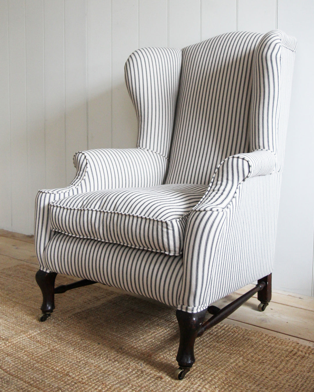 Antique Wingback Armchair in Ticking
